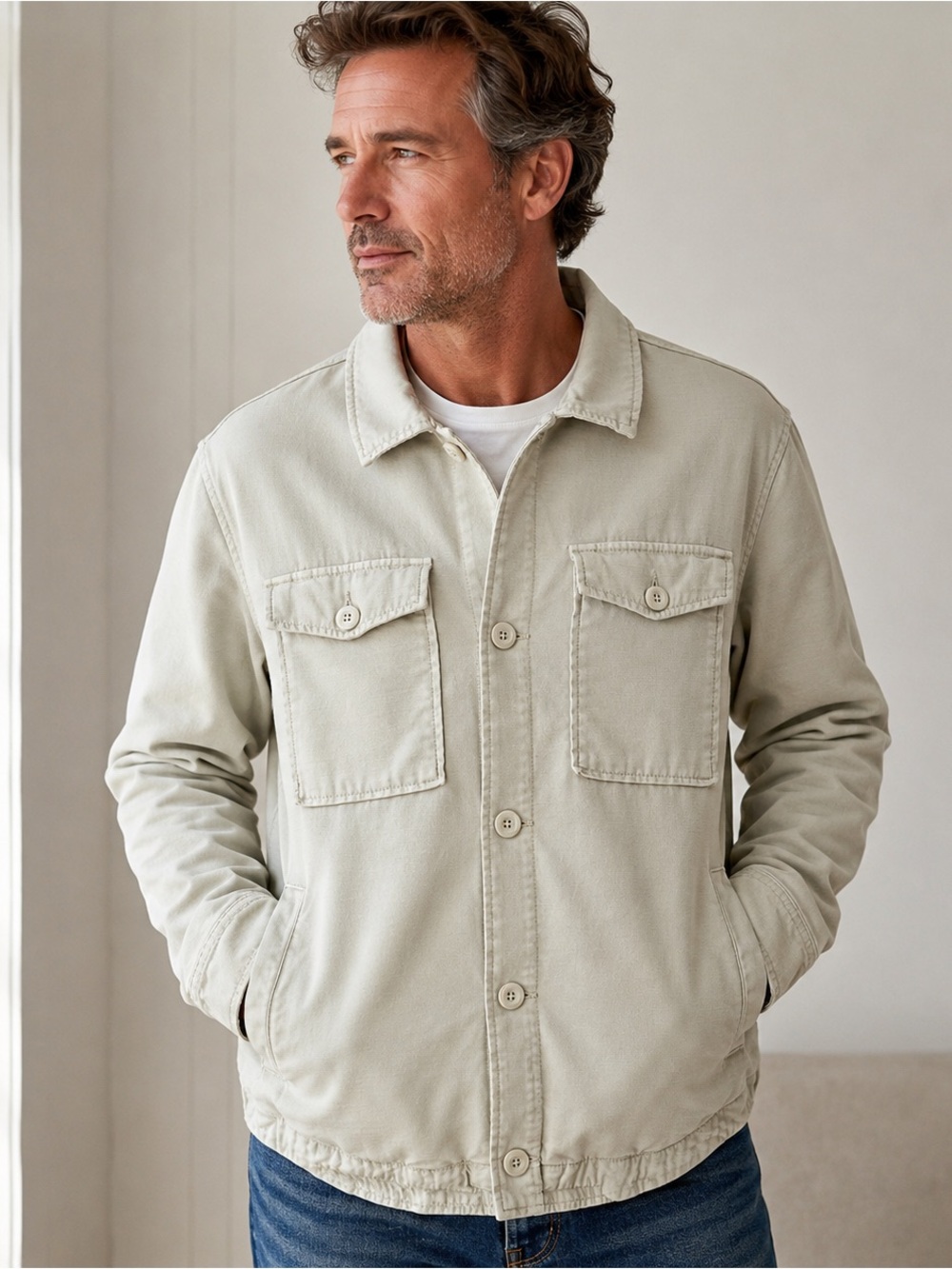 American Eagle Utility Shacket Mens M Beige Cotton Lined Overshirt Streetwear